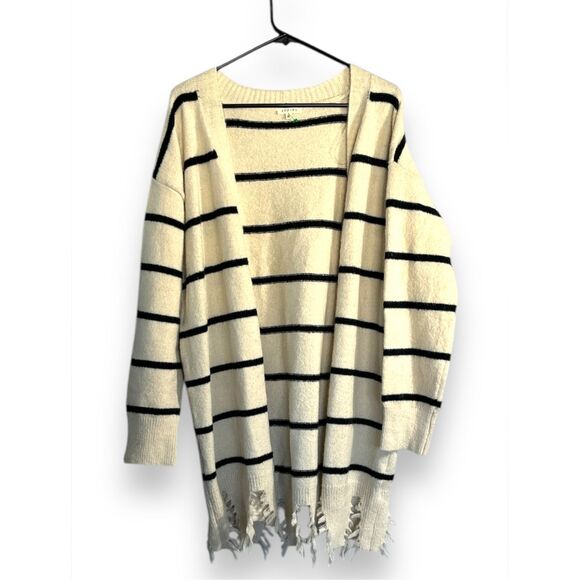 Jodifl Women's White Striped Fringed Bottom Open Front Cardigan Sweater sz S Coz - Picture 3 of 6